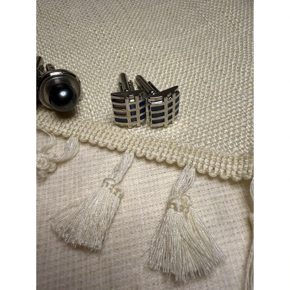 2-Piece Cufflink Set – Black Faux‎ Pearl & Blue Grid Design – Gift Box Ready